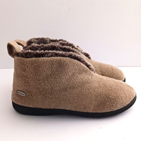 Acorn Bootie Slippers Tan Wool Faux Fur Lined Hard Rubber Sole Ladies 9 - Picture 8 of 10